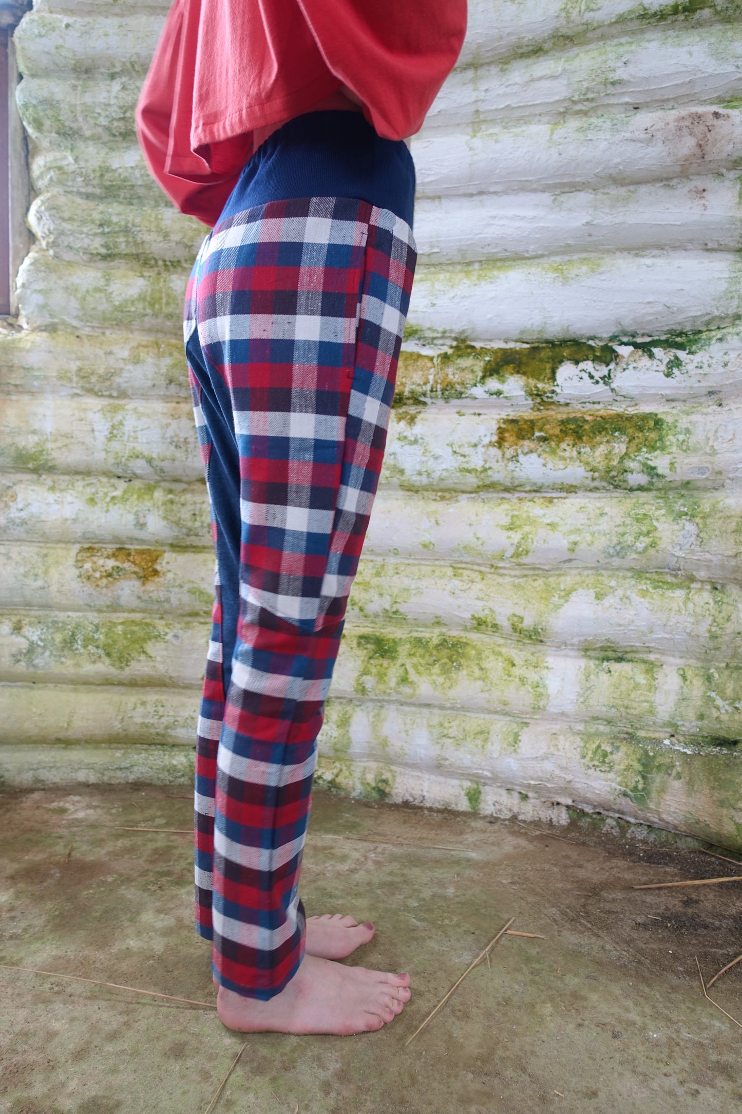 切替 check pants red